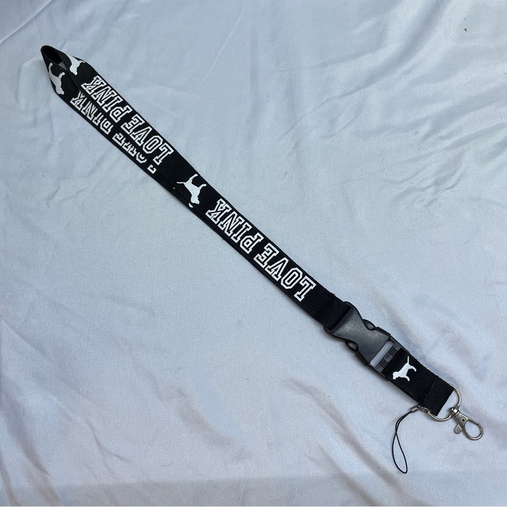 Pink by Victoria secret black logo lanyard NWOT